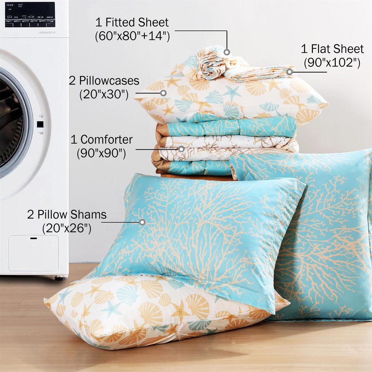 Blue Coastal Comforter Set 7 Pieces, Starfish Printed Bedding Bed in A Bag, Soft Microfiber Comforter with
