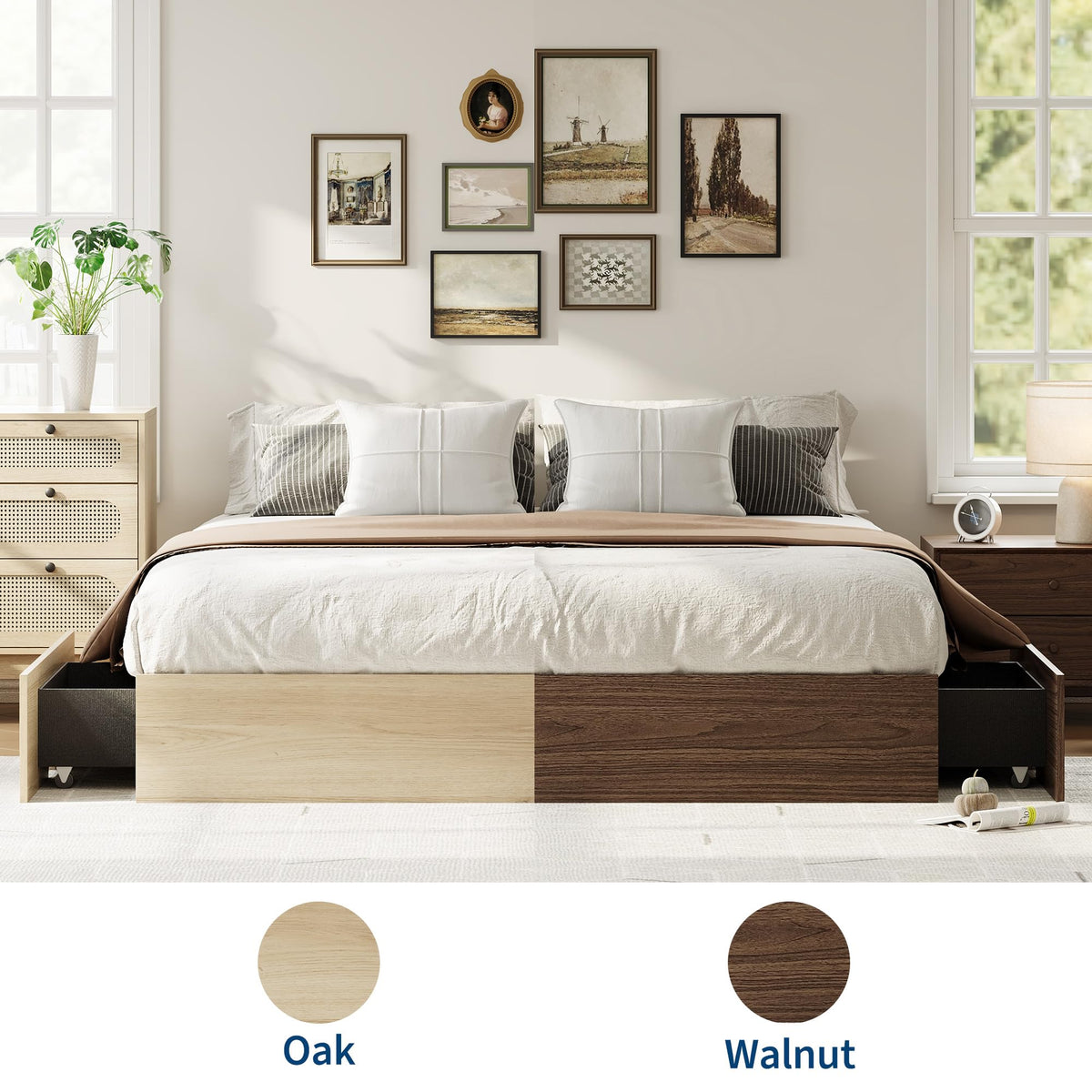 King Bed Frame with 2 Storage Drawers, Wood Platform Bed