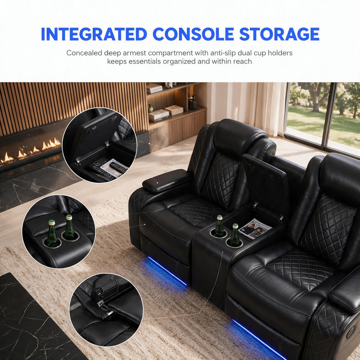 Leather Power Reclining Sectional Sofa with LED Lights