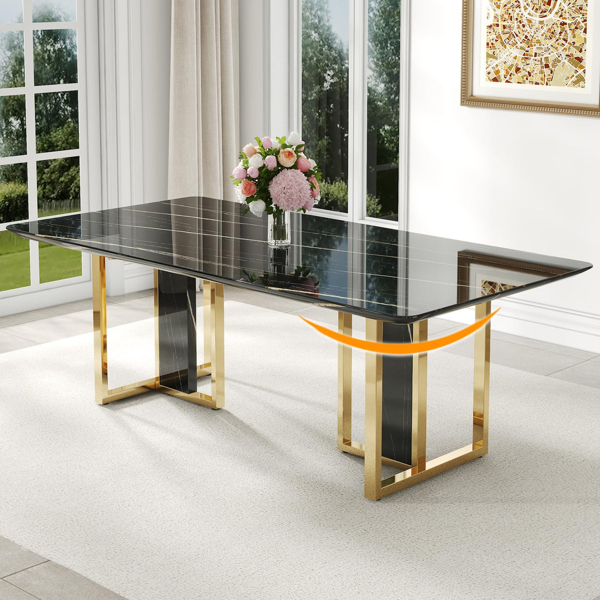 79 Inch Faux Marble Dining Table, Black Rectangular Kitchen Table, 1.8 Inch Thick Mid Century Modern Design, Luxury