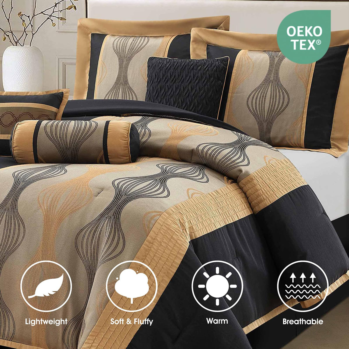 King Comforter Set, Black Gold, 7 Pieces Bed in a Bag, Ultra Soft Jacquard with Solid Piecework, Luxury Bed Set with