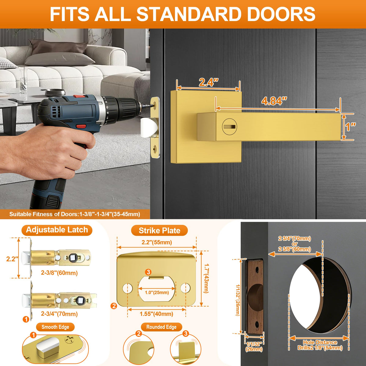 5 Pack Brushed Gold Door Handles, Interior Door Knob Heavy Duty, Flat Square Privacy Door Locks, Keyless Door Leverset