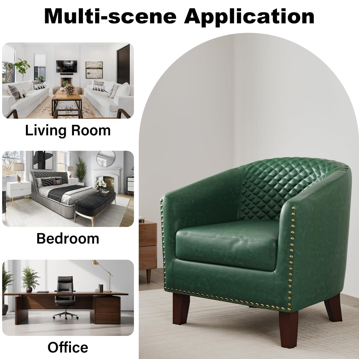 Faux Leather Barrel Accent Chair with Nailhead, Dark Green, Set of 4