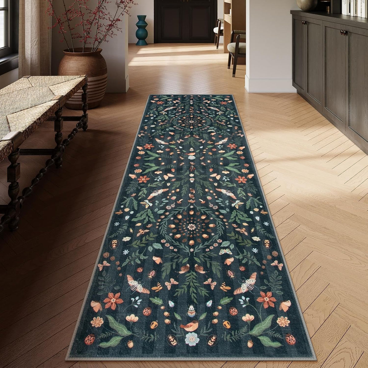 Insect Botanical Black Runners for Hallways, Non Slip Washable Kitchen Bathroom Carpet Runner,Soft Non Skid