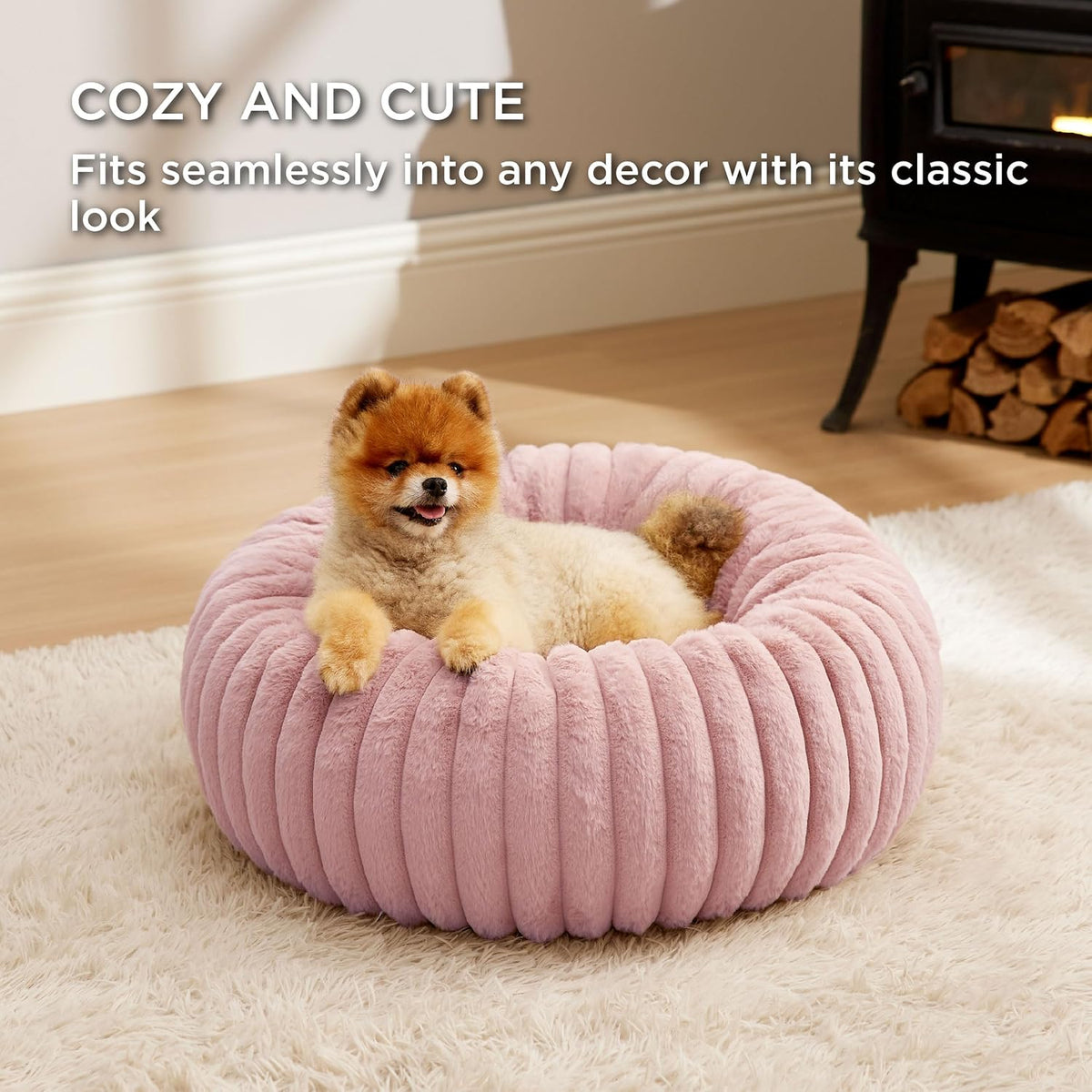 ComfyFleece Donut Small Dog Bed - Dog Beds for Small Dogs with Corduroy Fleece & Anti Slip Bottom, Round Faux Fur
