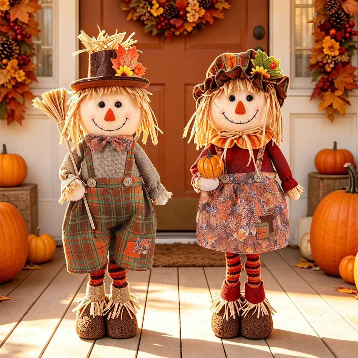 Fall Decoration 2Pack Standing Scarecrows with Stretchable Legs 22" to 28"