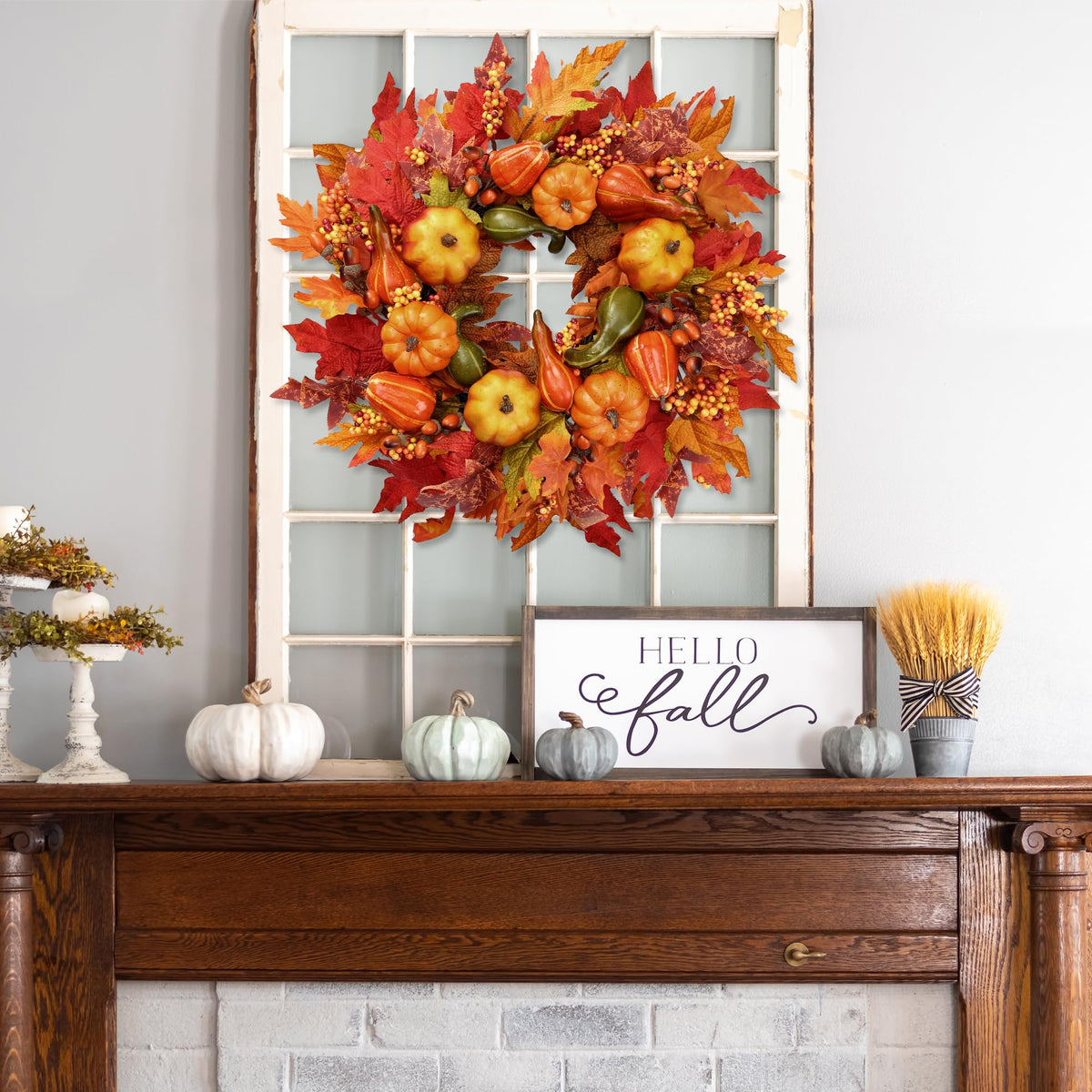 Fall Wreath 23'' Artificial Autumn Front Door Wreath with Large Pumpkins Clusters of Berries Maple Leaves Acorn for