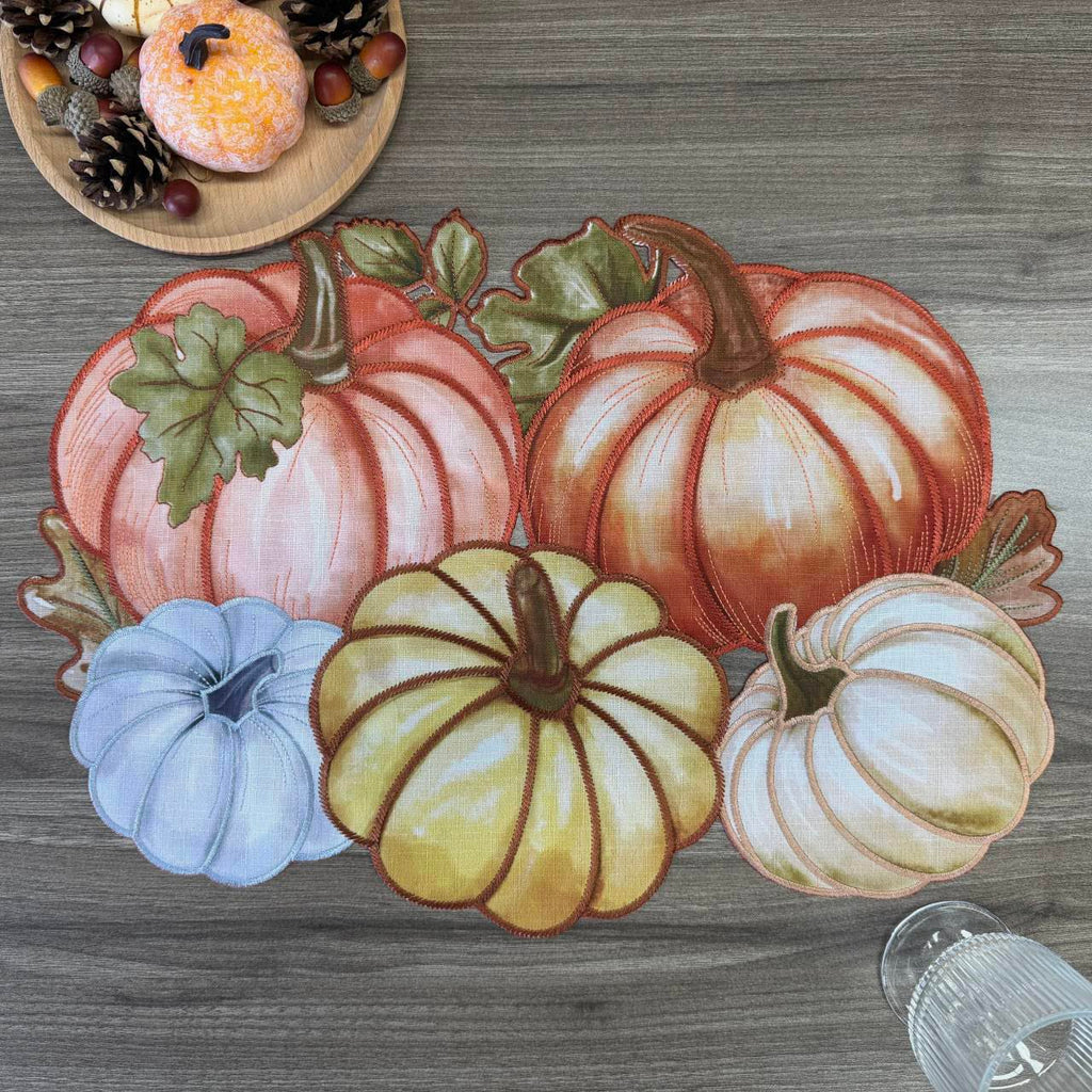 Fall Placemats Set of 4, 13x19 Inch Autumn Pumpkin Cutwork Embroidered Placemats, Harvest Thanksgiving Table Decor