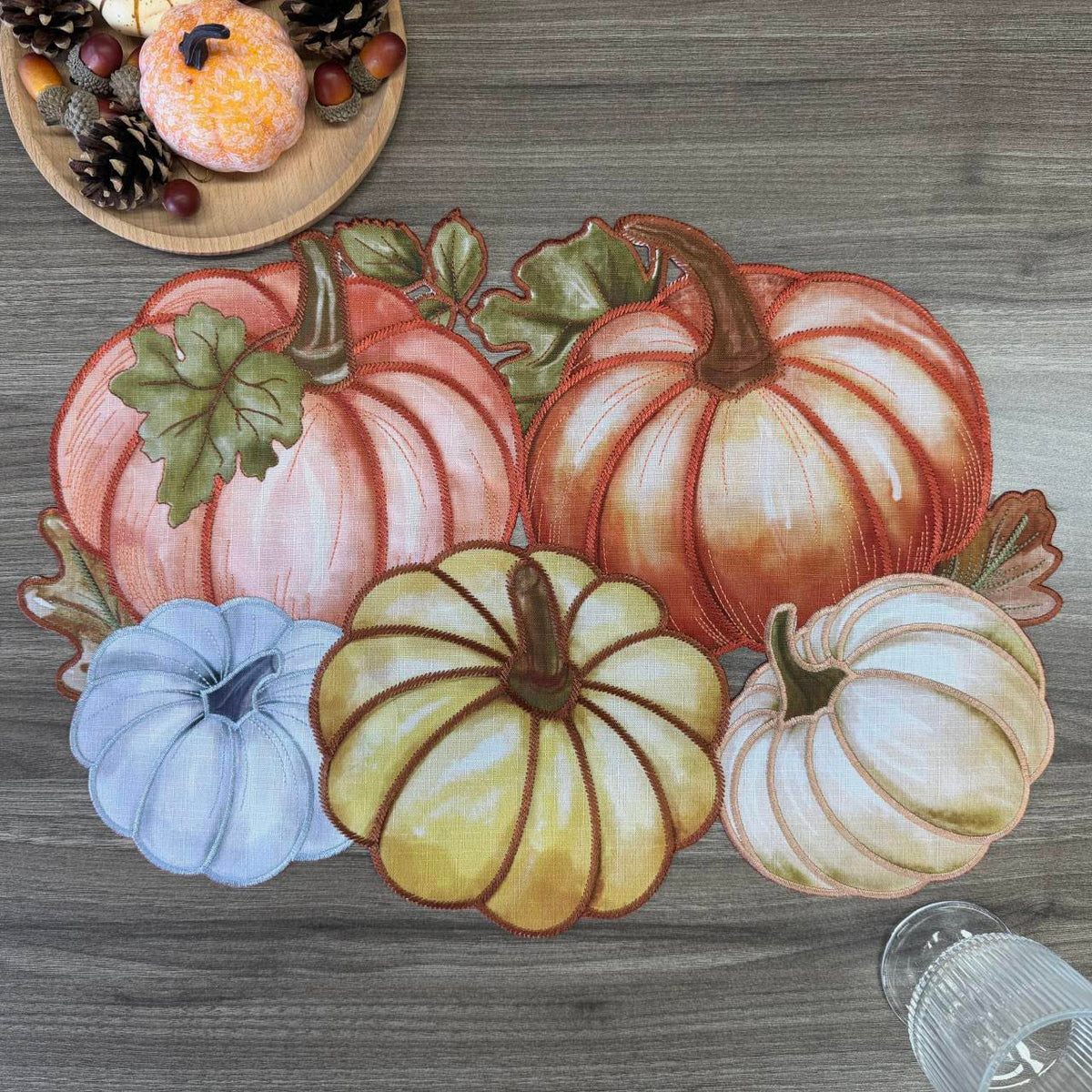 Fall Placemats Set of 4, 13x19 Inch Autumn Pumpkin Cutwork Embroidered Placemats, Harvest Thanksgiving Table Decor