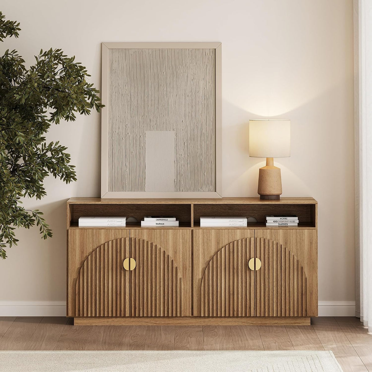 65-inch Fluted Sideboard with Open Shelf, Mid Century Modern Sideboard with Adjustable Shelves & Cable Management