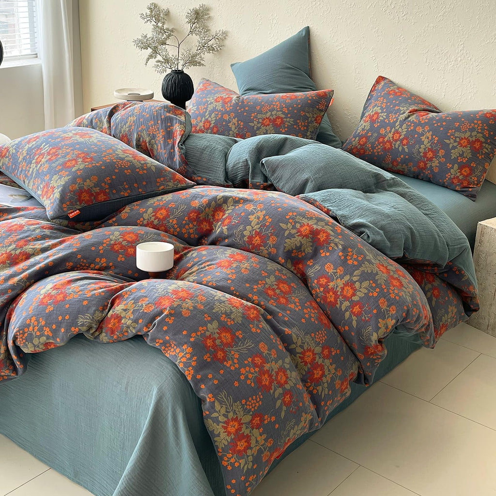 Vintage Garden Floral Duvet Cover Twin Soft 100% Muslin Cotton Jacquard Texture Bedding Set Chic Vibrant Floral