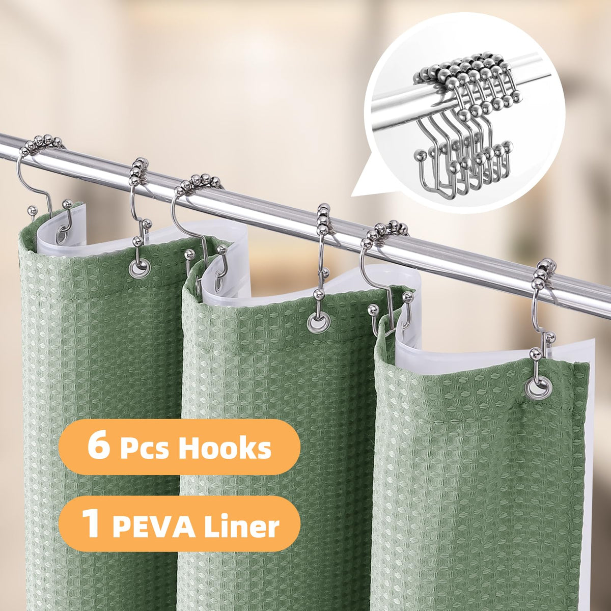 Waterproof Waffle Shower Curtain, Heavy Duty 3 Piece Set with Clear Liner and 6 Stainless Steel Hooks
