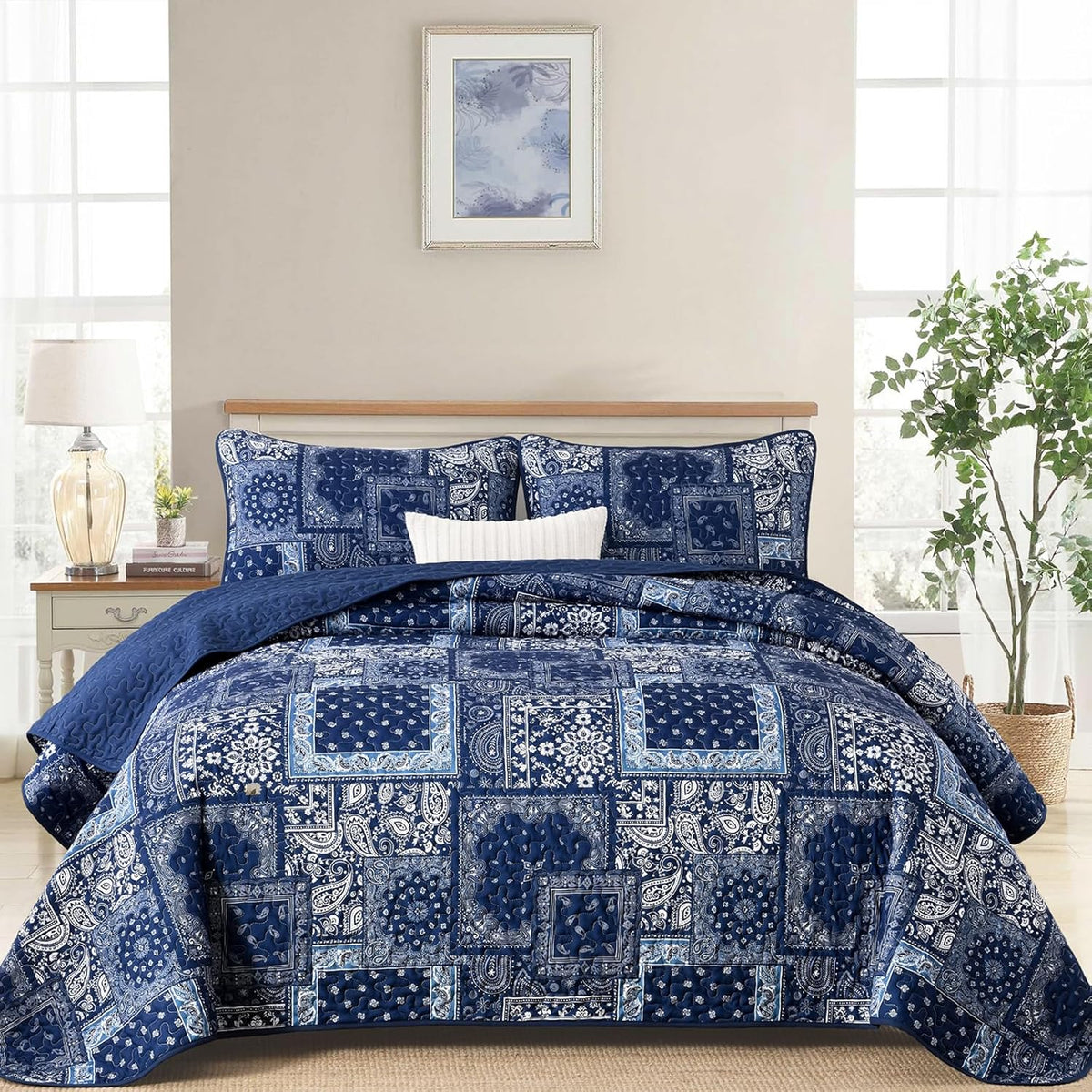 Blue Patchwork Quilt Set,Boho Navy Blue Quilt Set,Paisley Farmhouse Bedspread Soft Microfiber Bedding Set