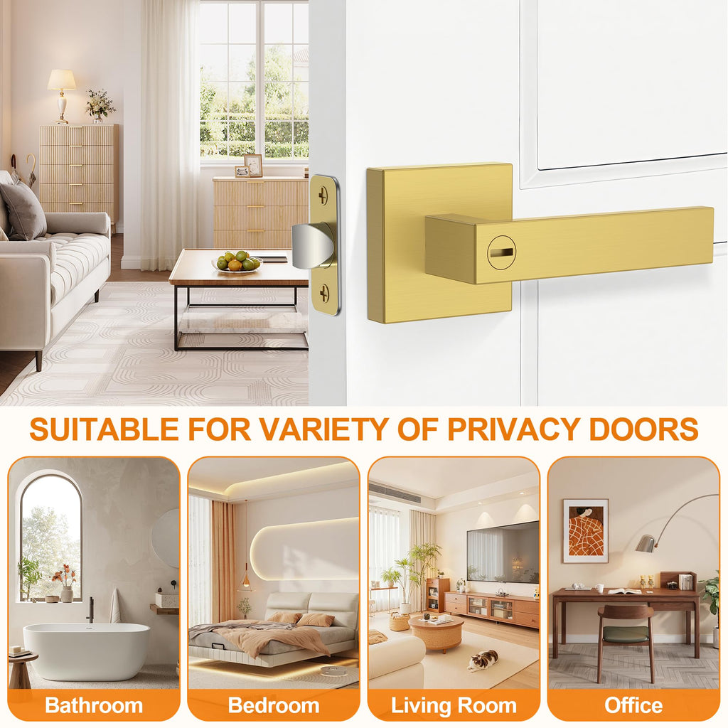5 Pack Brushed Gold Door Handles, Interior Door Knob Heavy Duty, Flat Square Privacy Door Locks, Keyless Door Leverset