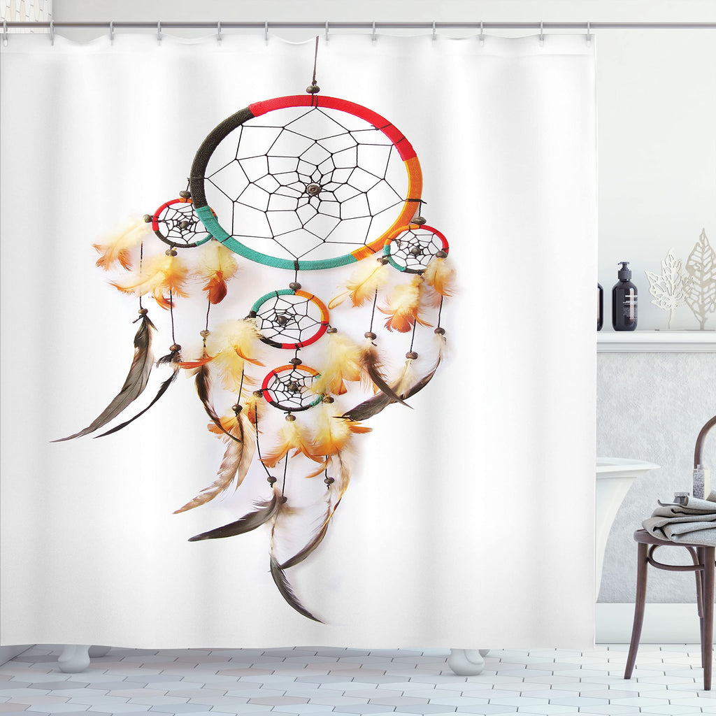 Tribal Shower Curtain, Retro Style Bohemian Dreamcatcher Image Indigenous Culture Feather, Cloth Fabric Bathroom
