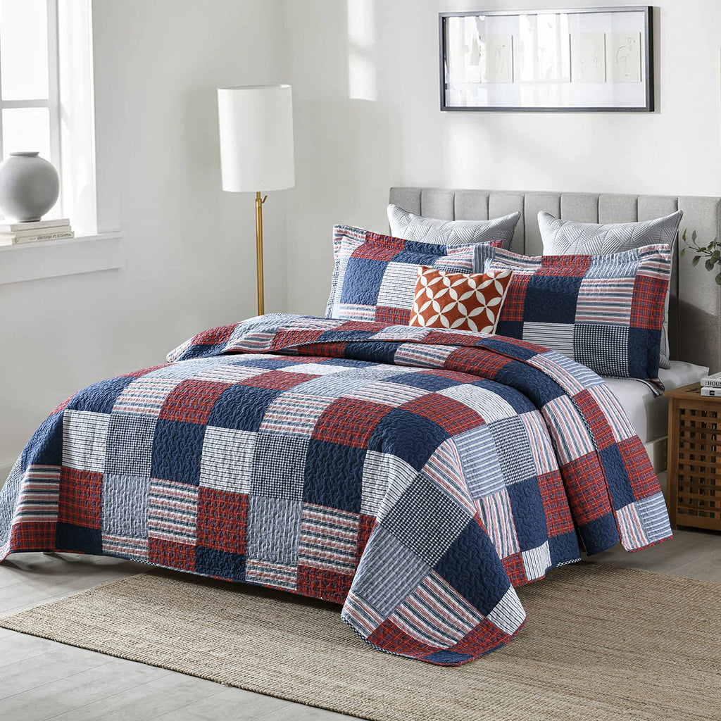 Quilt Set, 100% Cotton Quilt, Blue Red White Patchwork Plaid Quilt Sets, Lightweight