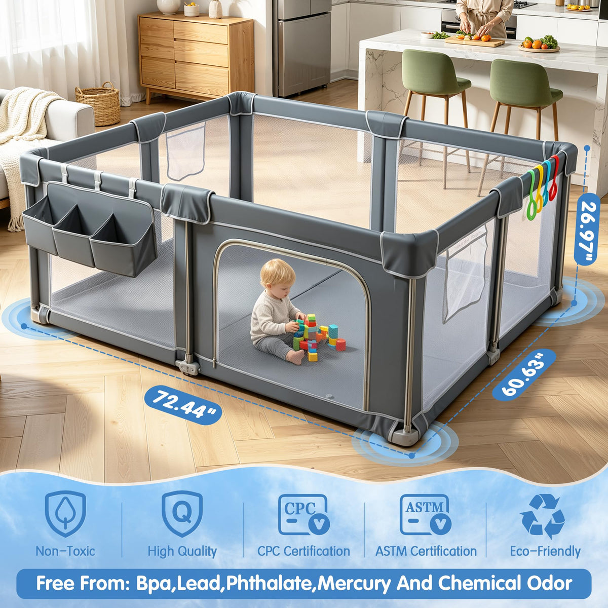 Foldable Baby Playpen 59x71 with Mat, Portable Play Yard
