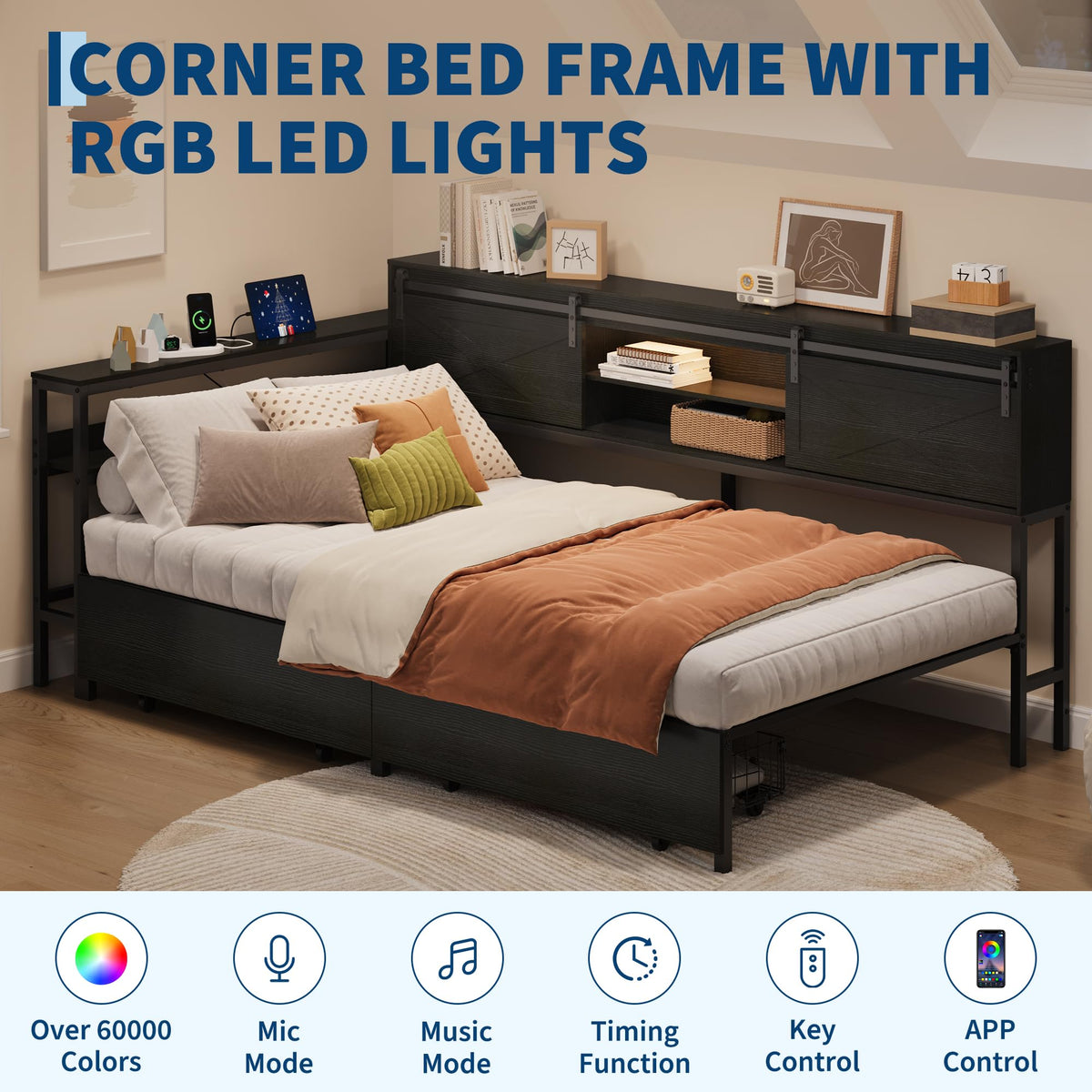 Corner Bed Frame with Storage, Bookcase Headboard & 2 Drawers, Sliding Barn Door Storage Bed Frame with