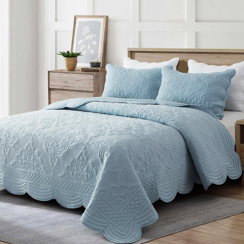 Embroidered Quilt Set - 3 Pieces, Washed Lightweight Coverlet with Scallop Edges, Reversible Bed Cover All