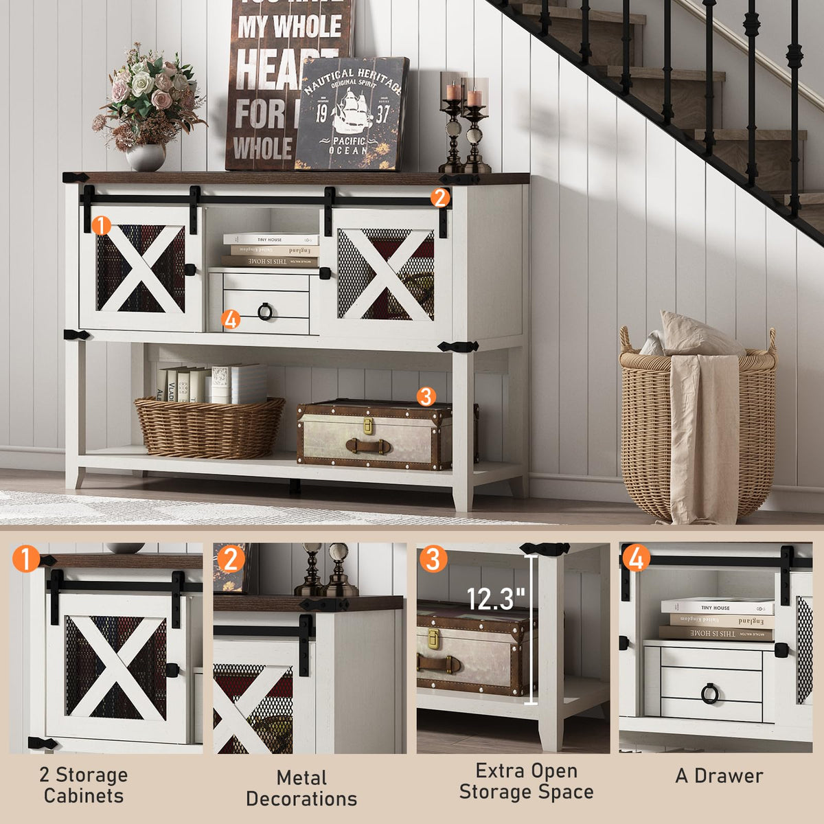 Farmhouse Entryway Table with 2 Sliding Barn Doors & Drawer, 46'' Rustic Console Table with Storage, Open Shelf