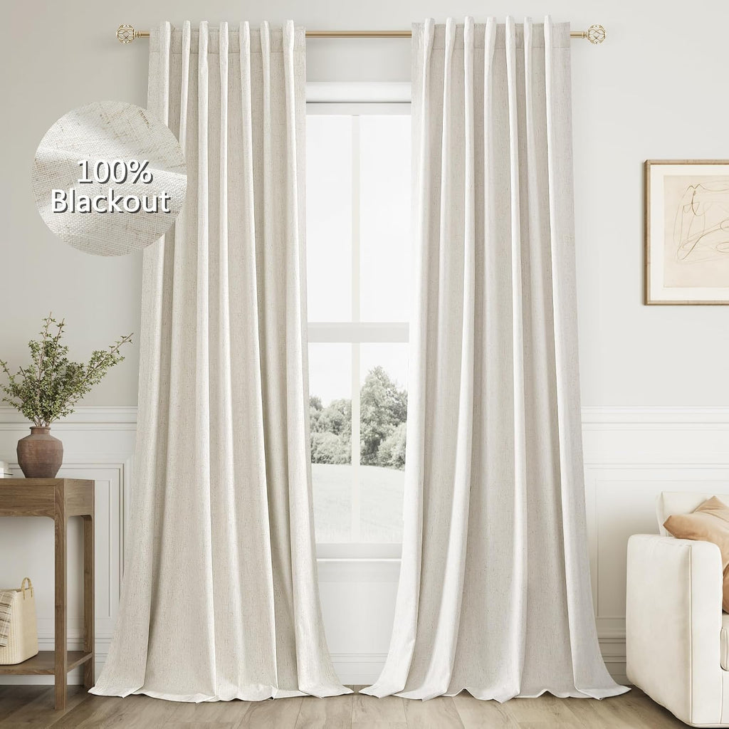 Cream 100% Blackout Linen Curtains Ceiling to Floor 2 Panels for Living Room Bedroom Back Tab