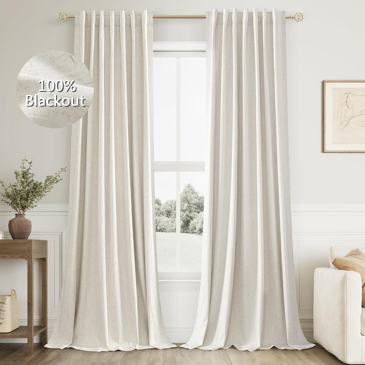 Cream 100% Blackout Linen Curtains Ceiling to Floor 2 Panels for Living Room Bedroom Back Tab