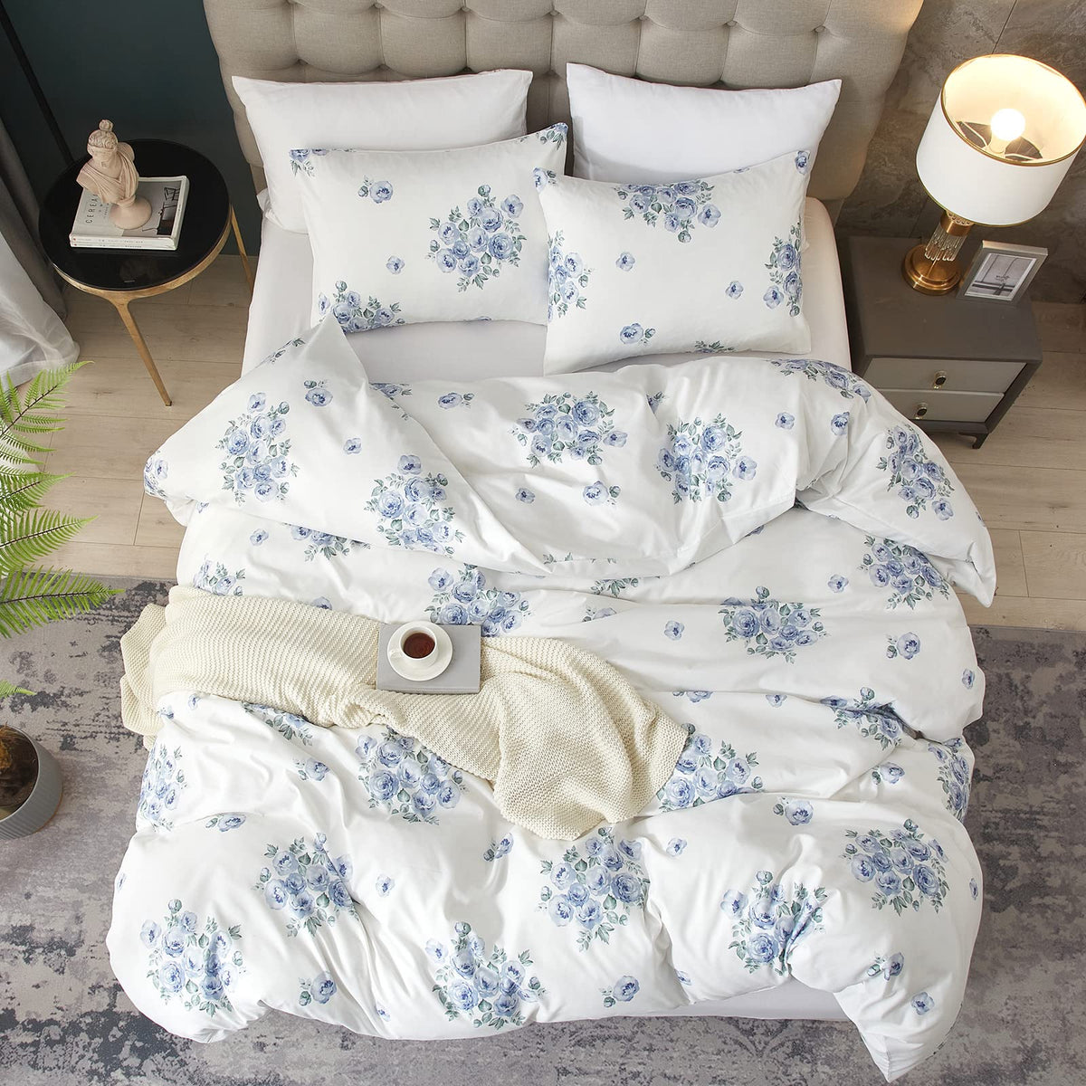 Blue Rose Floral Duvet Cover, Blue and White Farmhouse