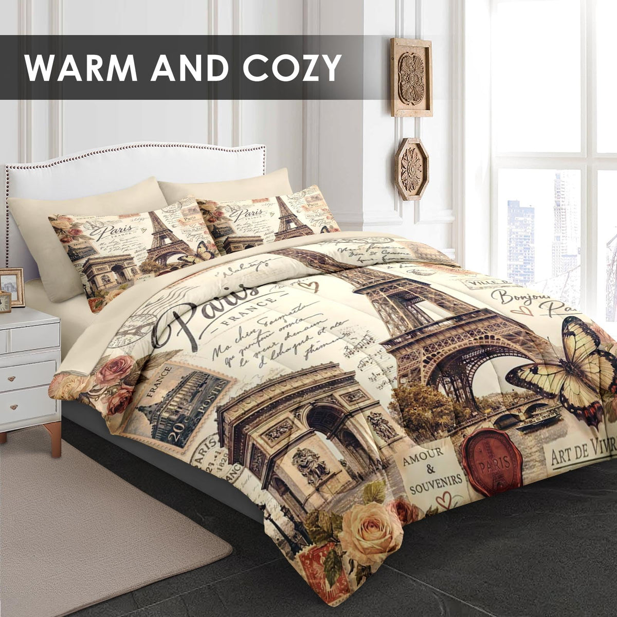 Queen Comforter Set with Sheets, 7 Pieces Paris Vintage Bedding