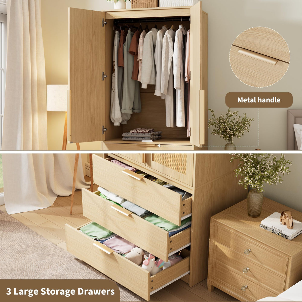 70" Wardrobe Armoire Wooden Closet with 2 Doors and 3 Drawers