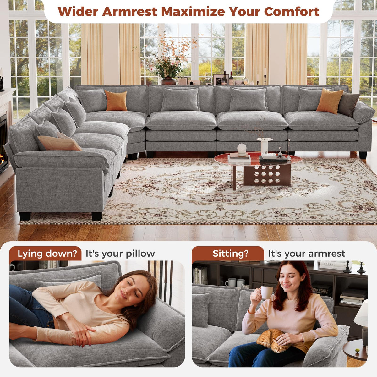152" Oversized Modular Sectional Sofa with Corner, Comfy V-Shaped Cloud Couch, 7-Seater Chenille Deep Seat Modern