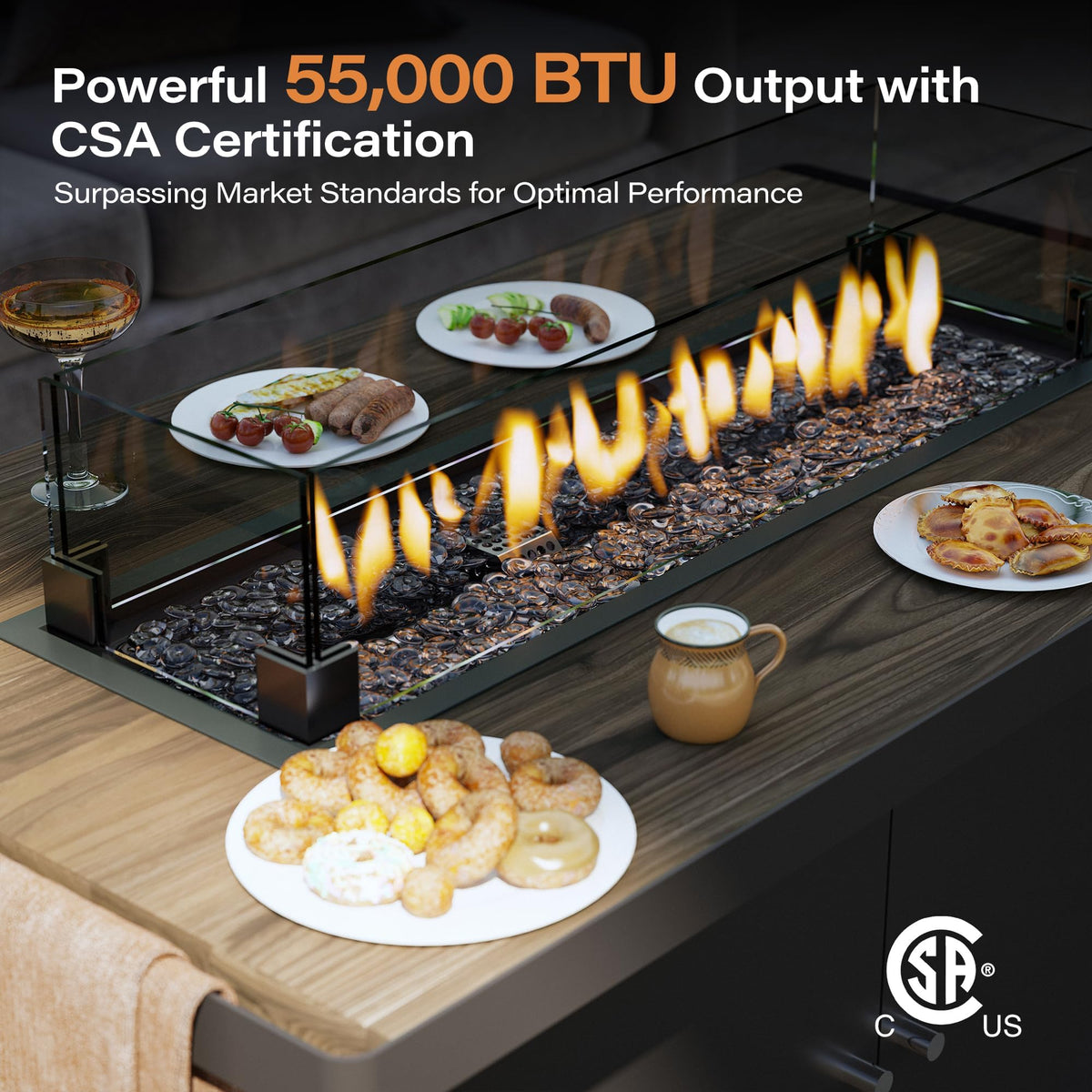 43" Propane Fire Pit Table, 55000 BTU Gas Fire Pit with 2 Tiered Storage Space, Wood Grain Tabletop, Gray Glass Wind