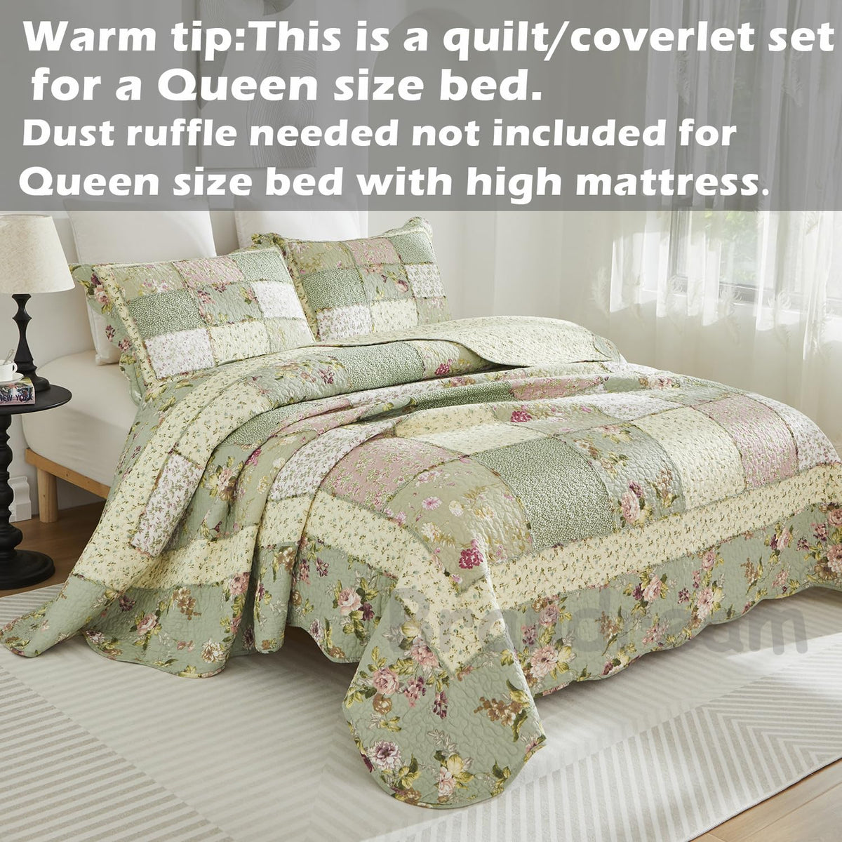 Quilt Set Cotton Patchwork Quilts Green Rose Floral Quilted Comforter Set Country Rustic Coverlet Set