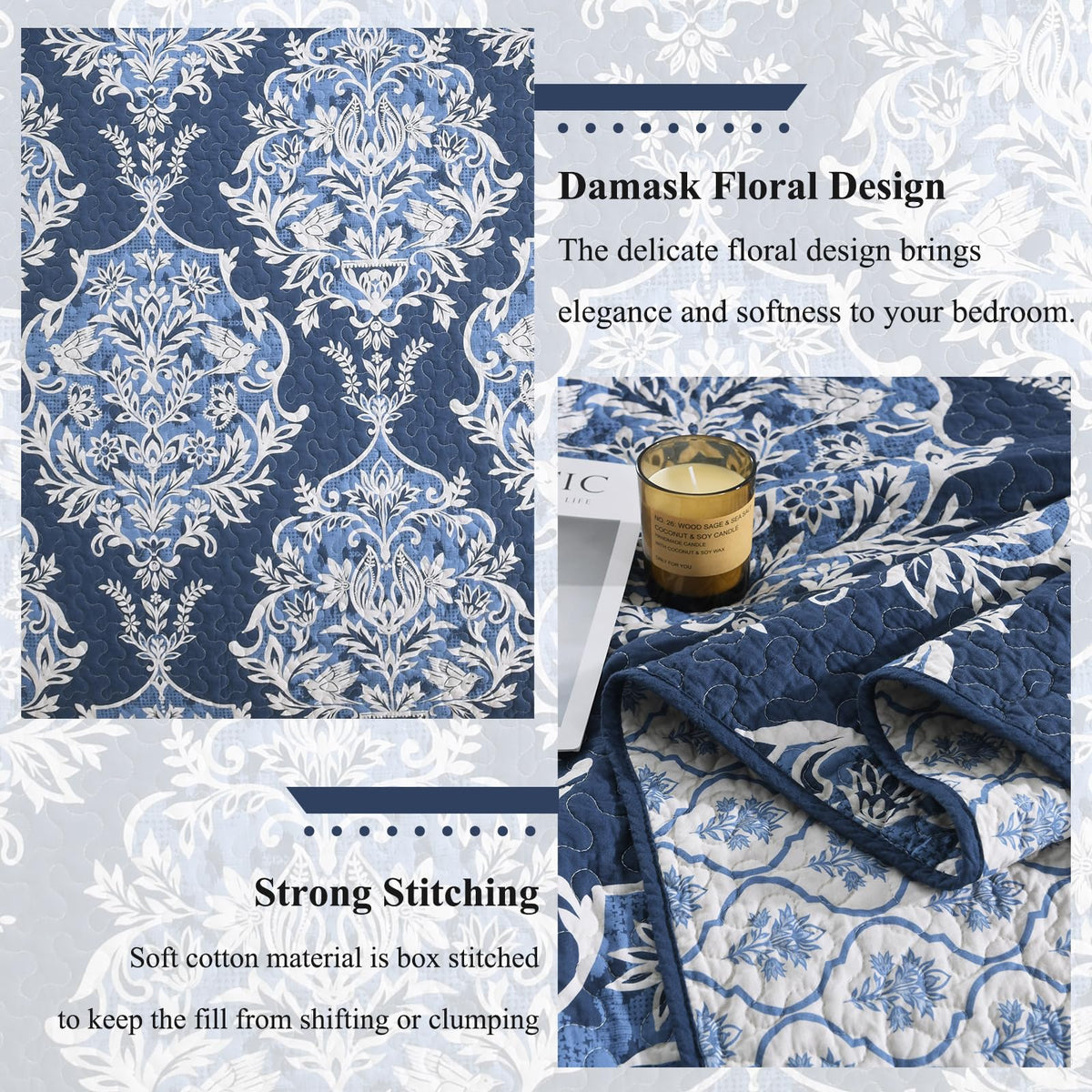 Quilts, Vintage Damask Floral Quilt Set, Navy/Beige