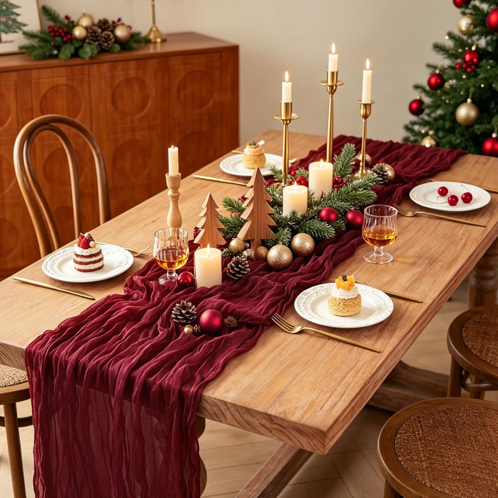 3Pcs Burgundy Table Runner, 10FT Boho Rustic Burgundy Maroon Table Runner 120inch Cheese Cloth Red Runner for Wedding