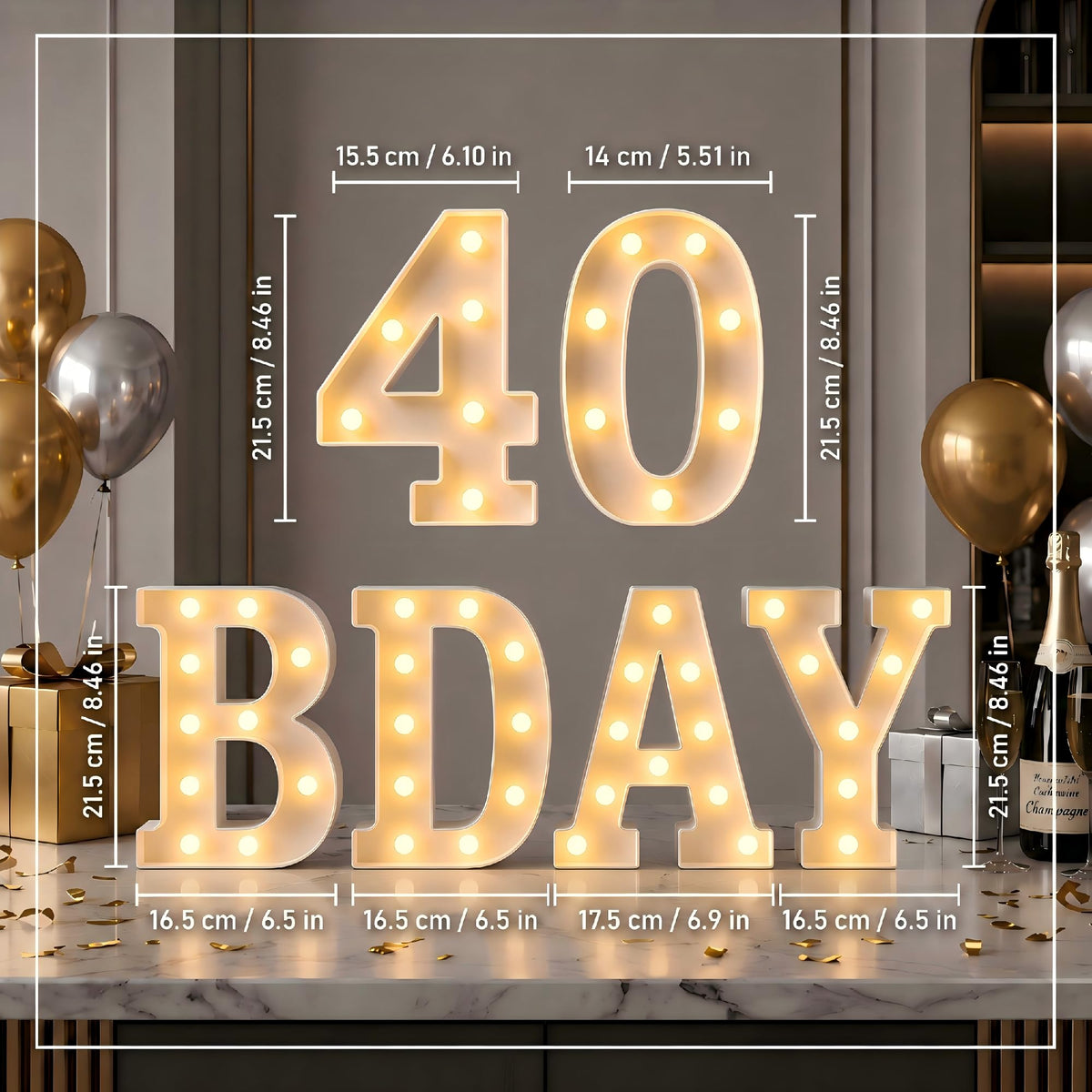 40th Birthday Decorations for Women and Men - 6 LED Long Marquee Light Up Letters '40 Bday' for Party Decor