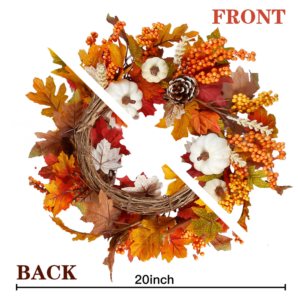Fall Wreath 20'' Autumn Front Door Wreath Harvest Wreath with White Pumpkins Berries Maple Leaves Pine Cones Grain