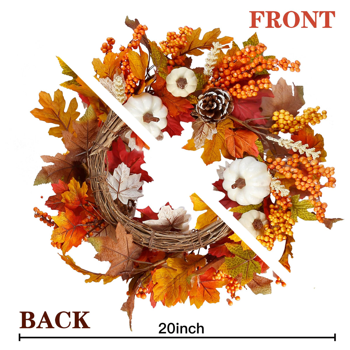 Fall Wreath 20'' Autumn Front Door Wreath Harvest Wreath with White Pumpkins Berries Maple Leaves Pine Cones Grain