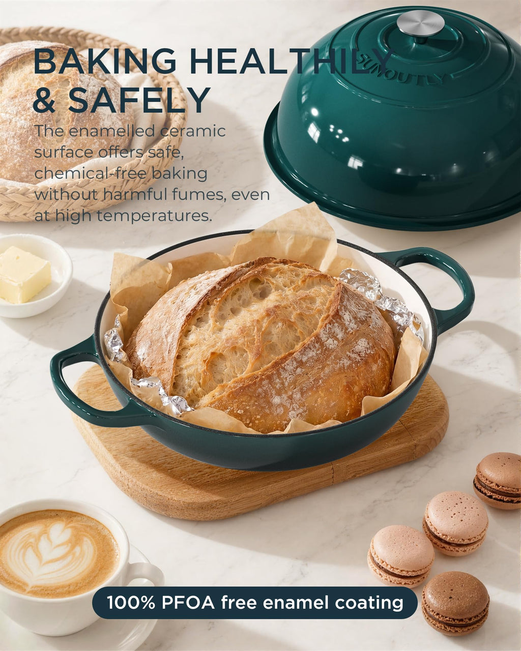 Enameled Cast Iron Dutch Oven for Bread Baking, 6QT Meatloaf Pan, Green