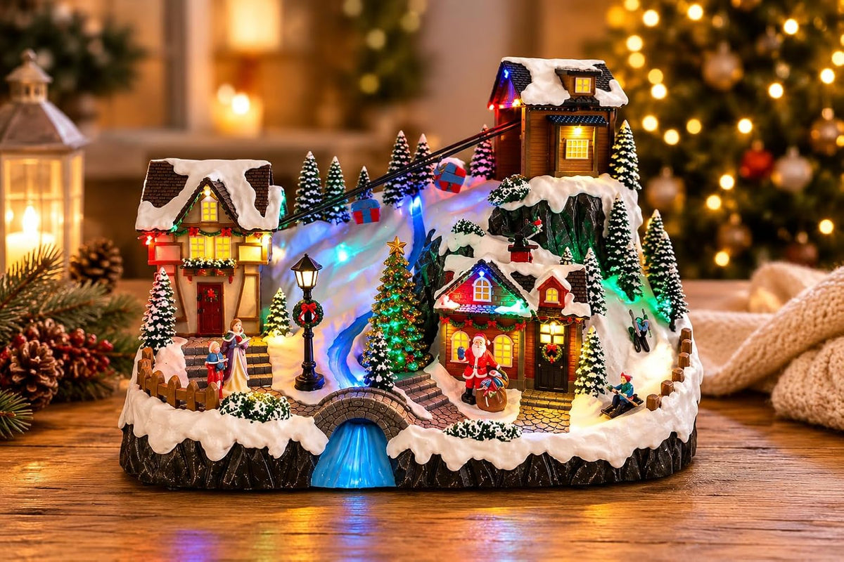 Animated Christmas Village Animated Ski Lift Resort, LED Lights, Spinning Tree