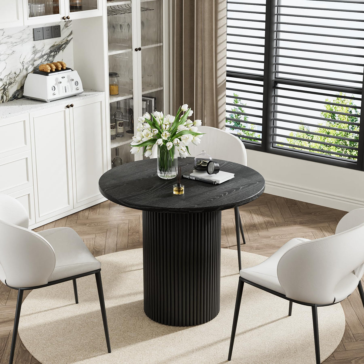 Inspired Saarinen Style 34.3" Round Wood Dining Table Fluted Kitchen Table Circle Dining Tables Modern Pedestal Tables Circular for 2-4