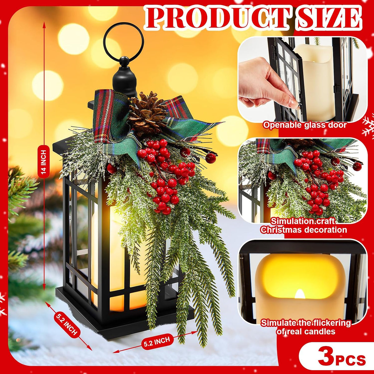 3 Set 14 Inch Christmas Lantern with LED Flickering Flameless Candle