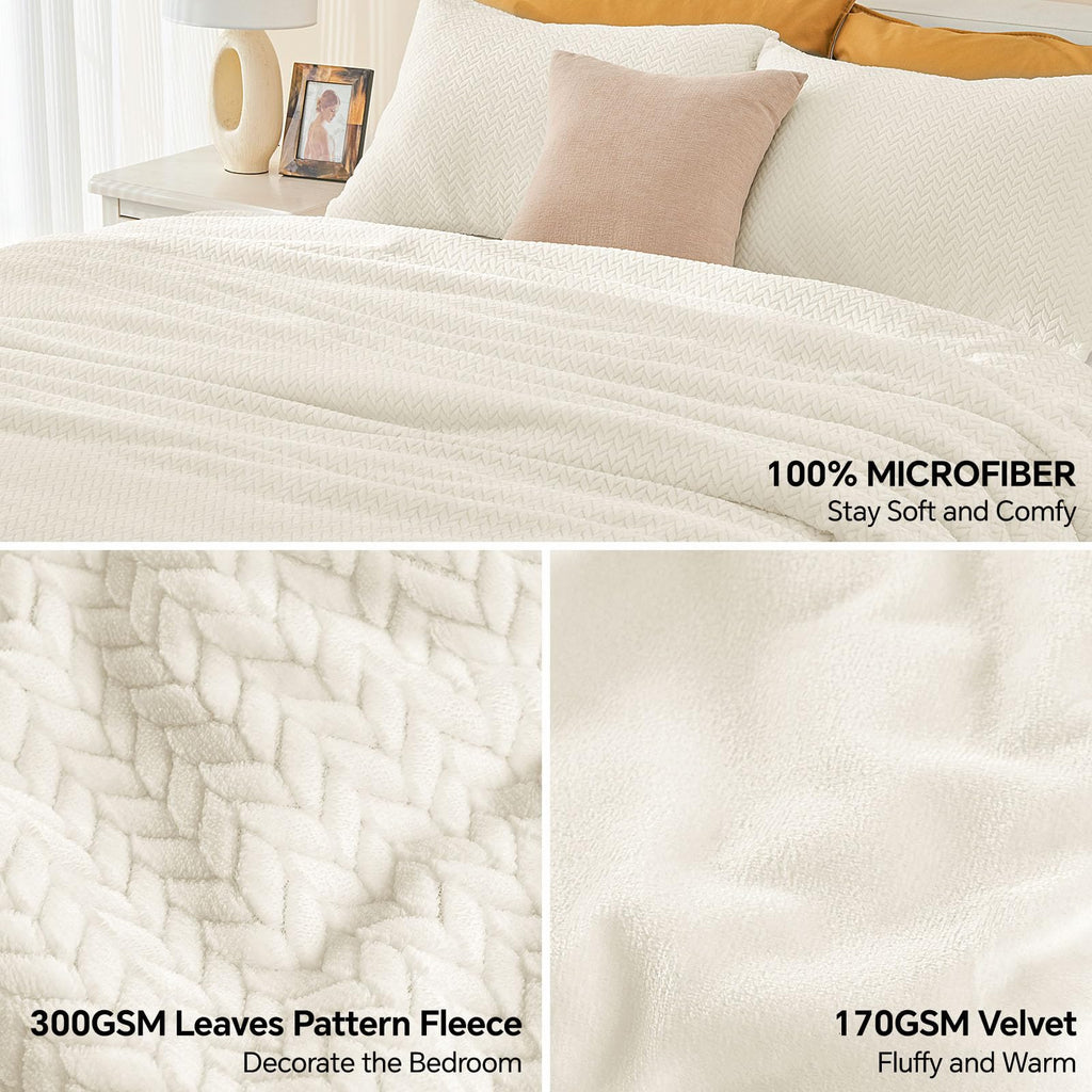 Fleece Comforter Set Beige, Fluffy Flannel Bed Set 3 Pieces