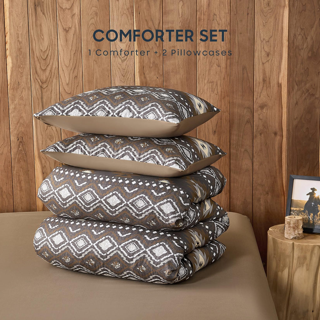 Comforter Set, Southwestern Aztec Country Style with Rustic Ranch Vibe, Soft Lightweight Bedding, 3 Pieces, Taupe