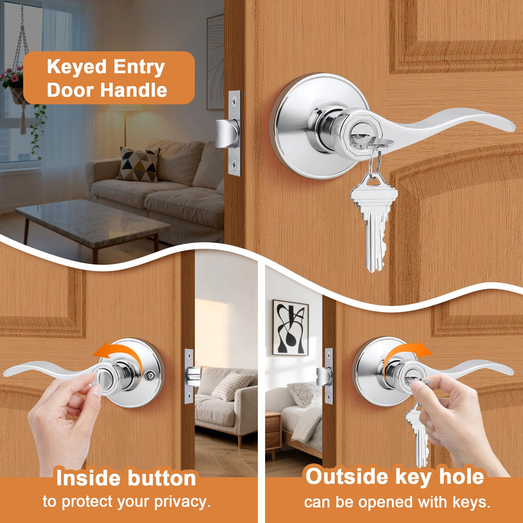 Polished Chrome Door Handles Front Exterior Door Handles with Lock and Keys, Keyed Alike Chrome Entry Door Lever Wave