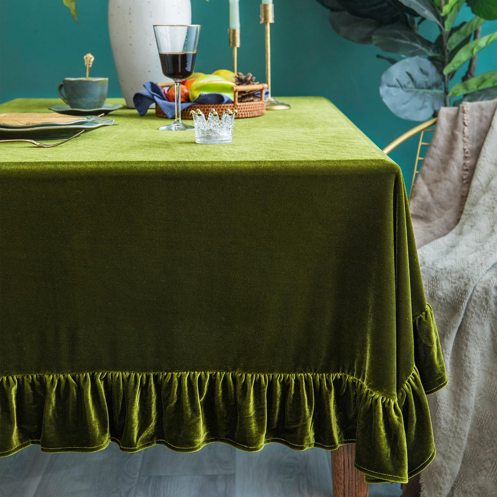 Velvet Tablecloth Luxurious Solid Rectangle Table Cloth, Oblong Retro Farmhouse Ruffle Tablecloths Washable Table
