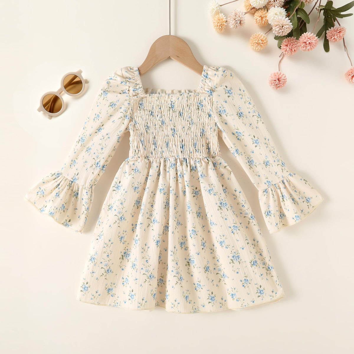 Toddler Girl Fall Dress Floral Square Neck Long Sleeve