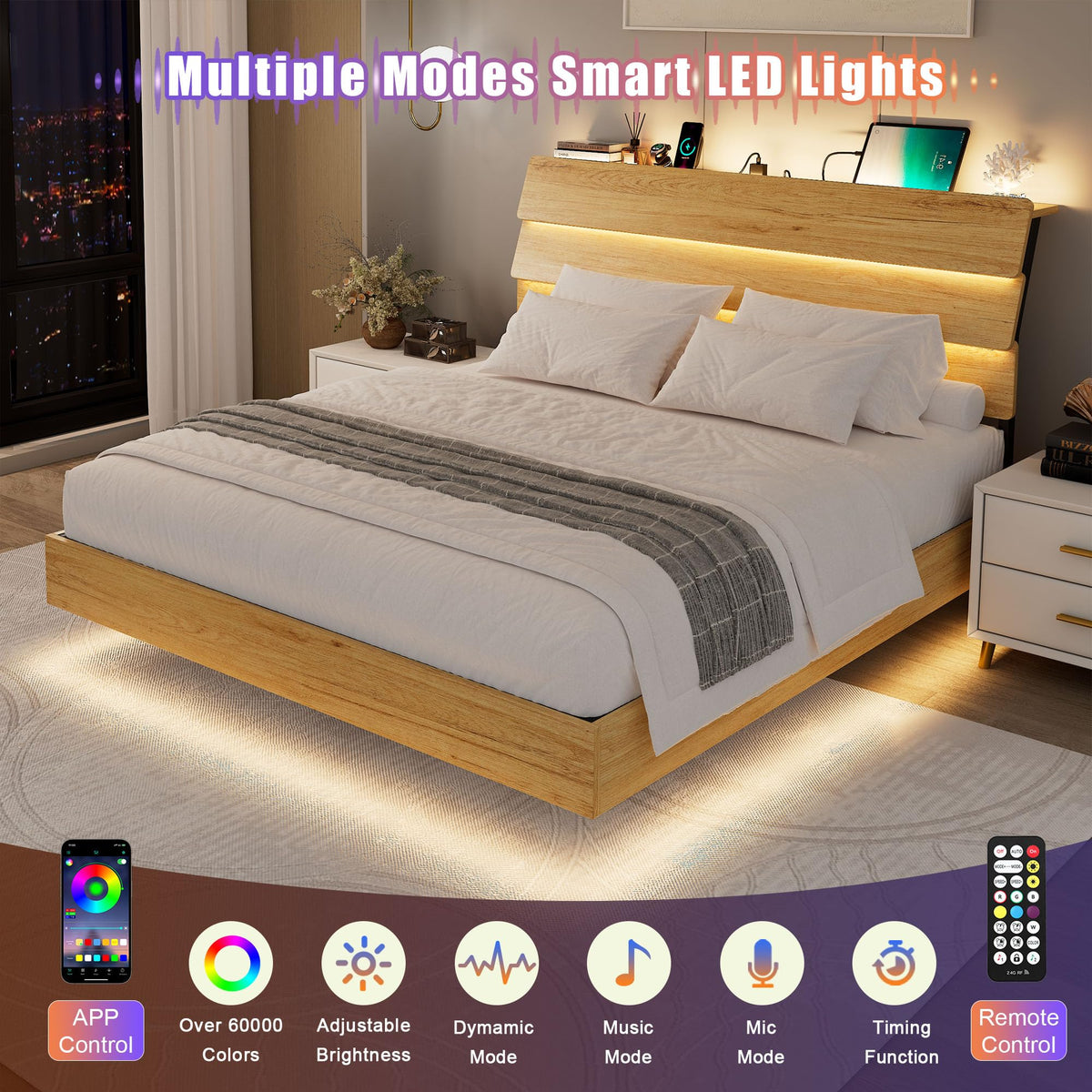 Floating Bed Frame Queen with Led Lights and Charging Station, Wood Queen Size Bed Frame with Storage Headboard