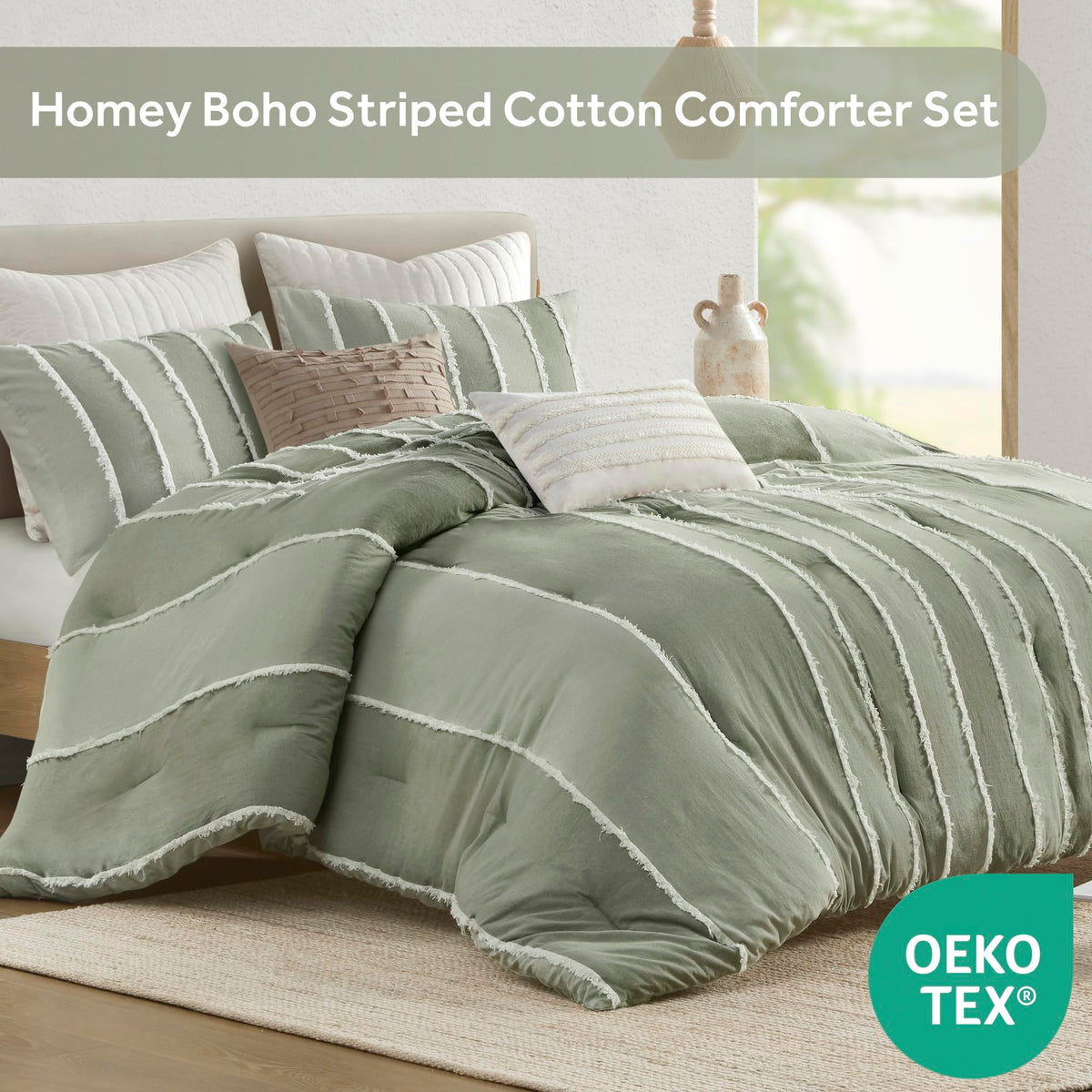 Comforter Set Boho Comforters Stripes, Clipped Jacquard, Cotton Comforter for Bed, All Season Poly