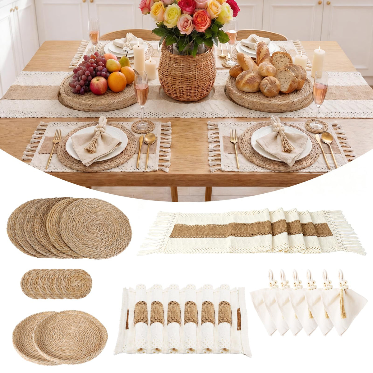 6 Set Boho Table Placemats, Natural Cotton Burlap Woven Mats with Tassels & Bead Napkin Rings, Farmhouse Macrame
