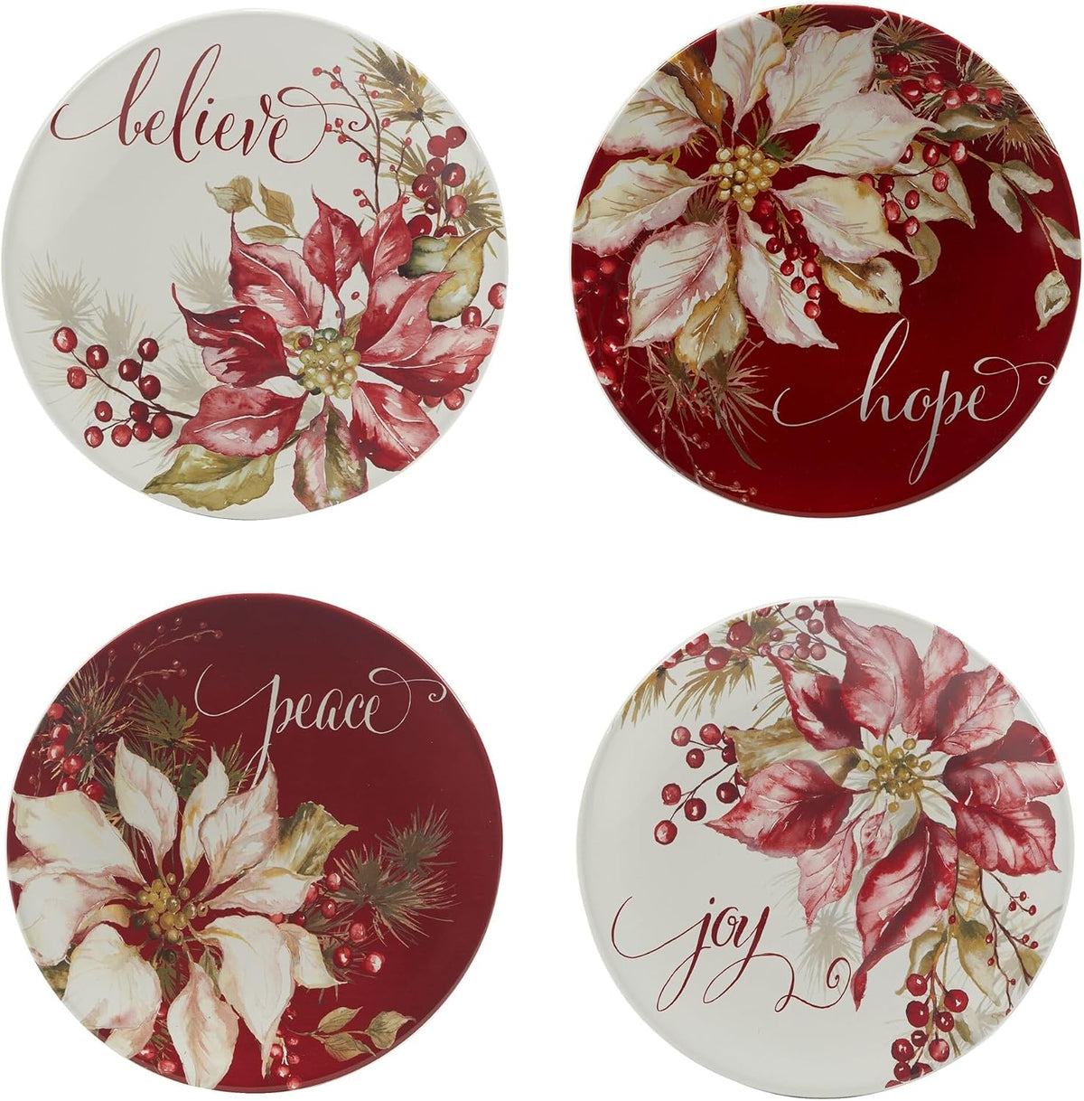Winters Joy 16 Piece Dinnerware Set Service for 4 Multi Color Red White Holiday Casual Round Ceramic Dishwasher Safe